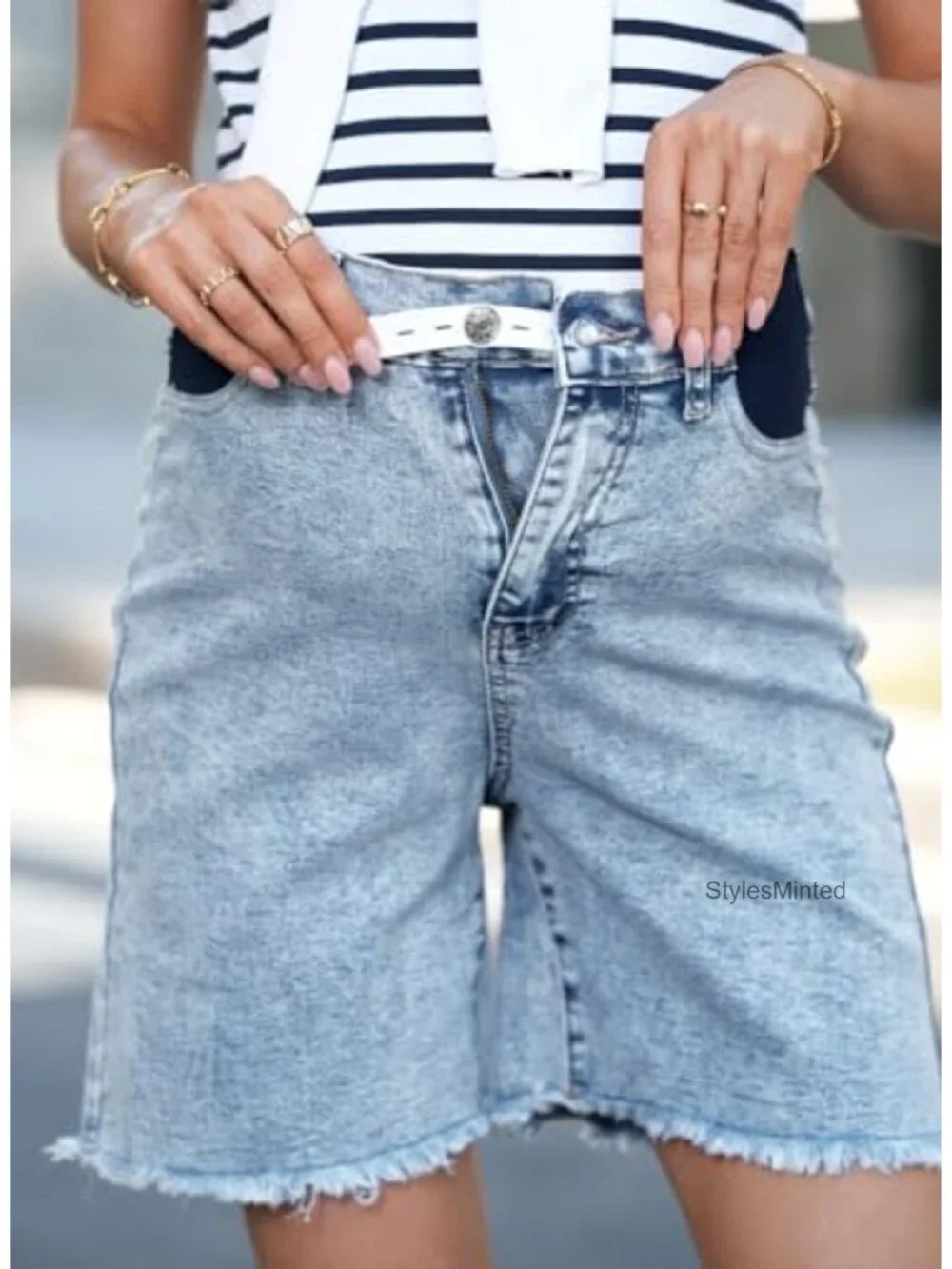 Maternity Denim Bermuda Shorts with Adjustable Elastic Waistband Raw Hem for